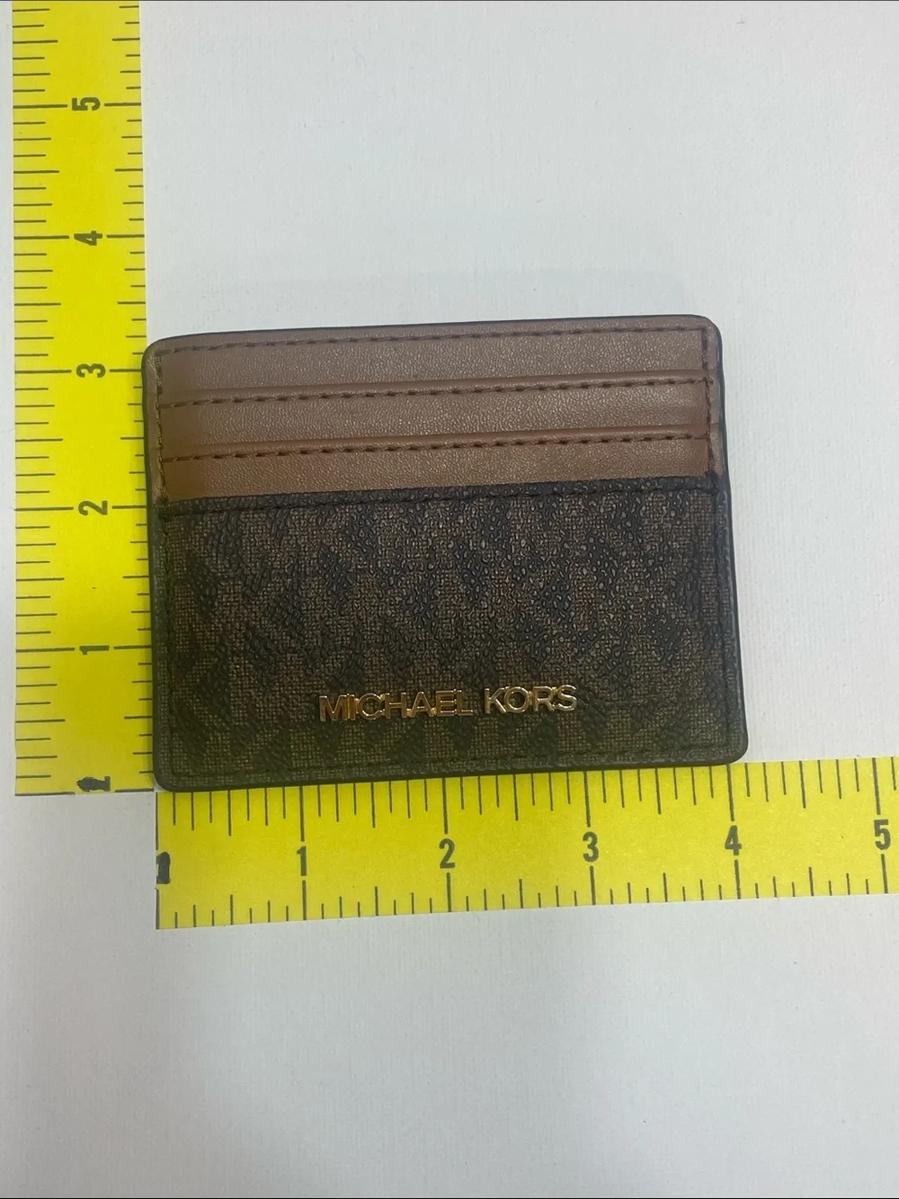 Michael Kors Brown and Tan Signature Card Holder with Gold Logo. Preowned.